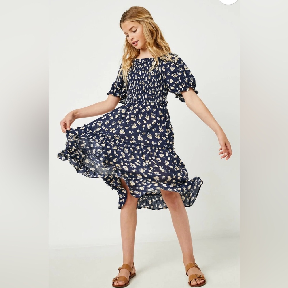 Hayden Girls Smocked Tiered Midi Dress – Floral Navy, Size Small